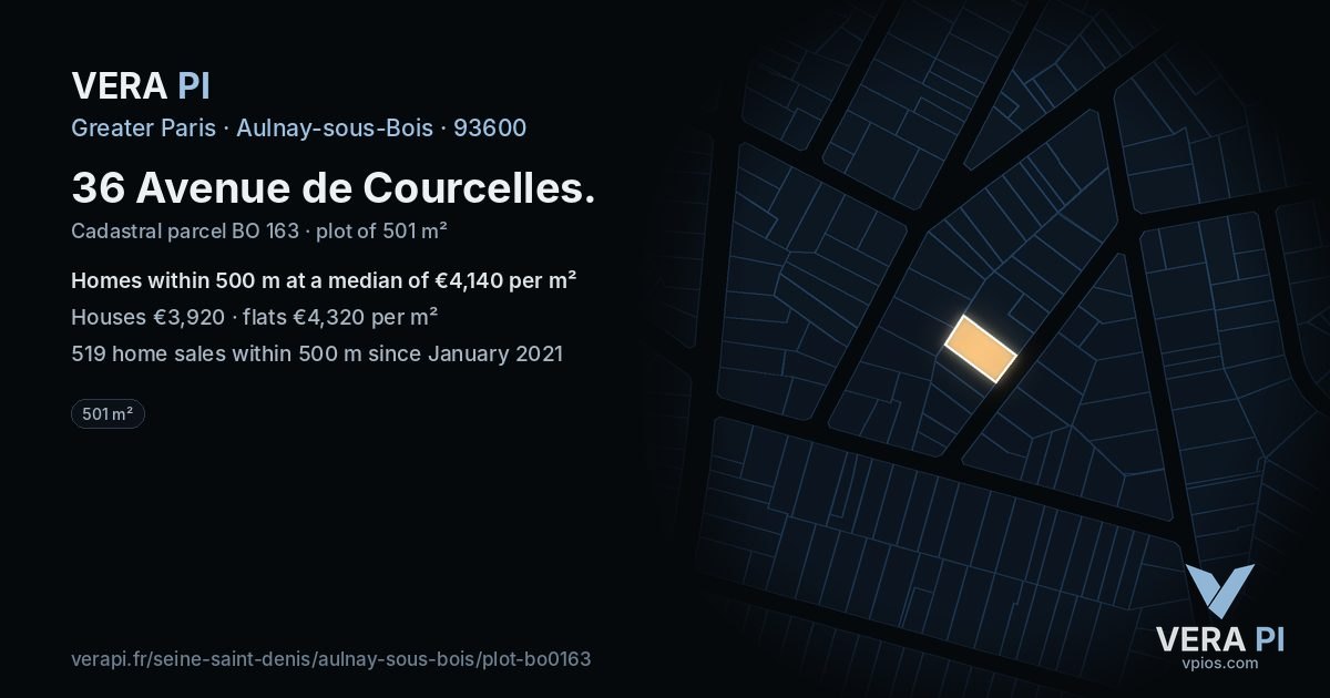 36 Avenue de Courcelles, Aulnay-sous-Bois at night – the plot lit, the parcels around coloured by the prices near them
