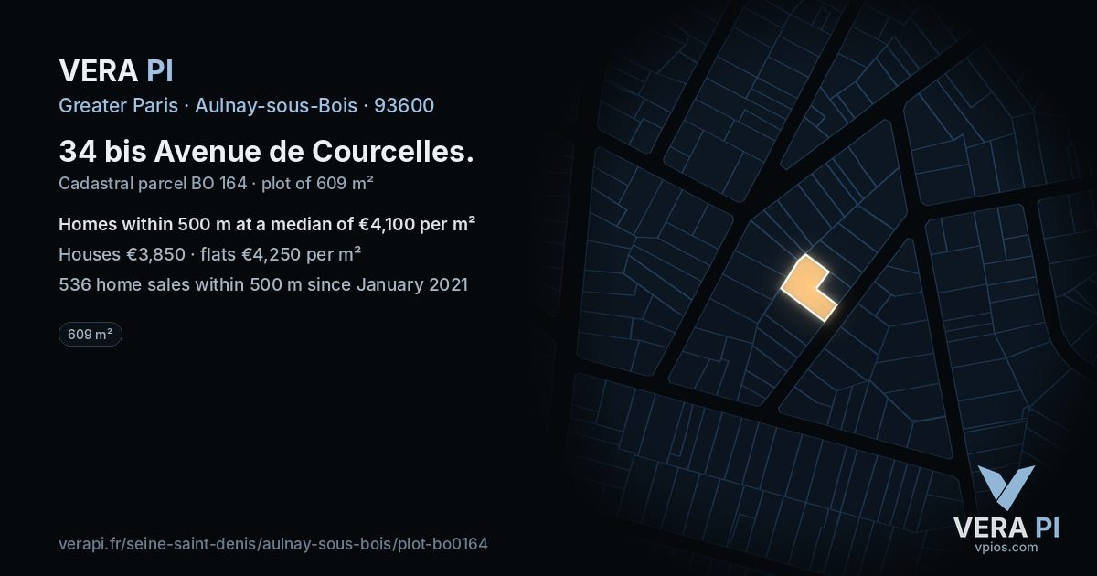 34 bis Avenue de Courcelles, Aulnay-sous-Bois at night – the plot lit, the parcels around coloured by the prices near them