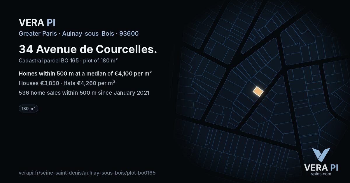 34 Avenue de Courcelles, Aulnay-sous-Bois at night – the plot lit, the parcels around coloured by the prices near them