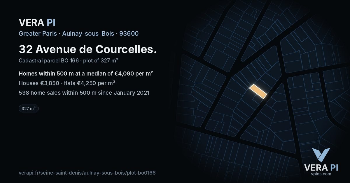 32 Avenue de Courcelles, Aulnay-sous-Bois at night – the plot lit, the parcels around coloured by the prices near them