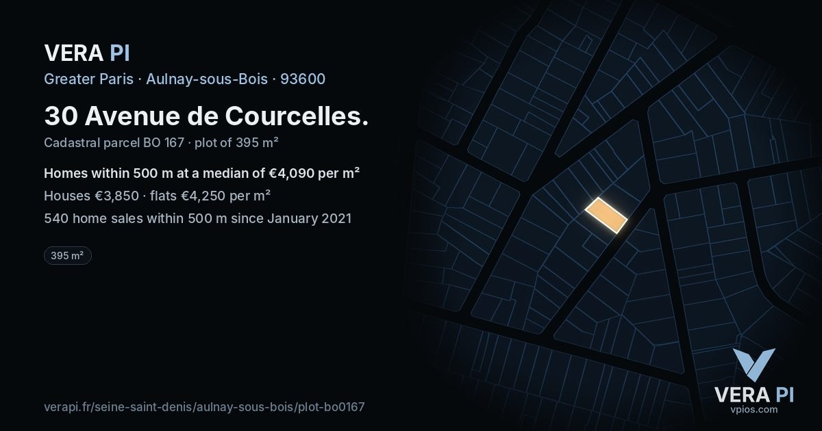 30 Avenue de Courcelles, Aulnay-sous-Bois at night – the plot lit, the parcels around coloured by the prices near them