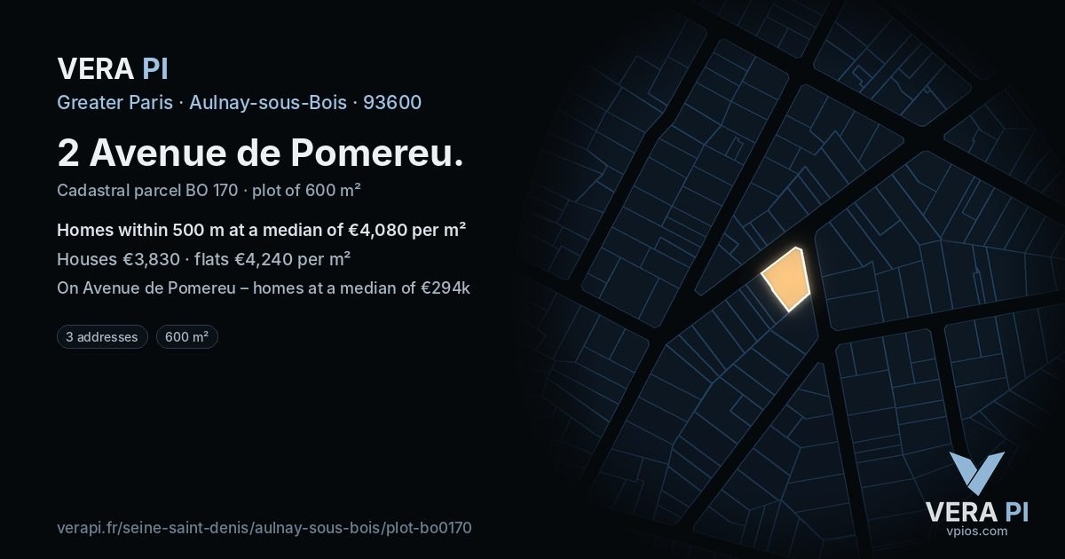 2 Avenue de Pomereu, Aulnay-sous-Bois at night – the plot lit, the parcels around coloured by the prices near them