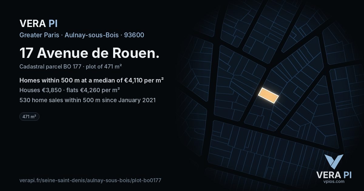 17 Avenue de Rouen, Aulnay-sous-Bois at night – the plot lit, the parcels around coloured by the prices near them