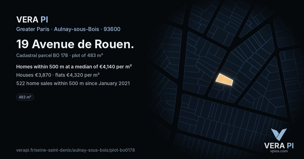 19 Avenue de Rouen, Aulnay-sous-Bois at night – the plot lit, the parcels around coloured by the prices near them