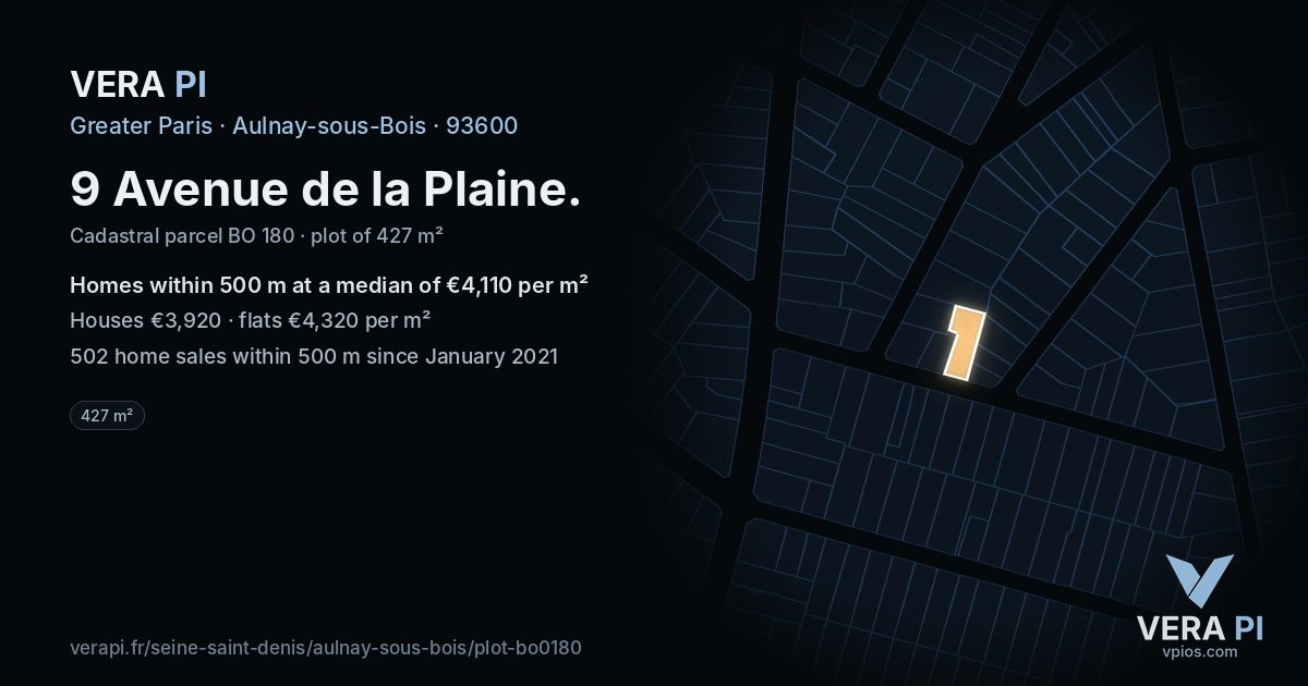 9 Avenue de la Plaine, Aulnay-sous-Bois at night – the plot lit, the parcels around coloured by the prices near them