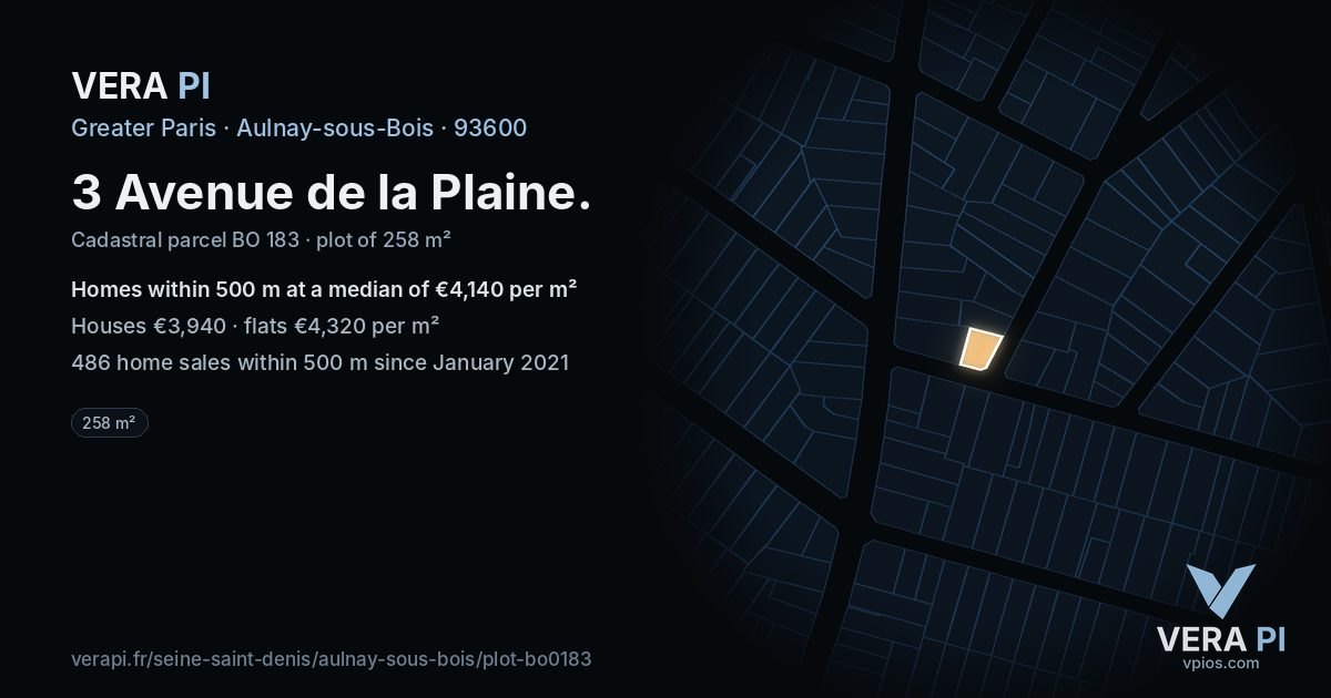 3 Avenue de la Plaine, Aulnay-sous-Bois at night – the plot lit, the parcels around coloured by the prices near them
