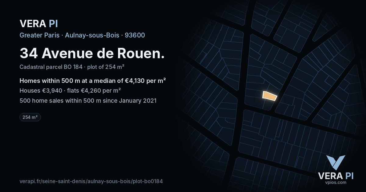 34 Avenue de Rouen, Aulnay-sous-Bois at night – the plot lit, the parcels around coloured by the prices near them