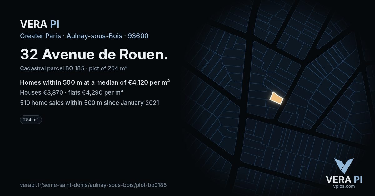 32 Avenue de Rouen, Aulnay-sous-Bois at night – the plot lit, the parcels around coloured by the prices near them