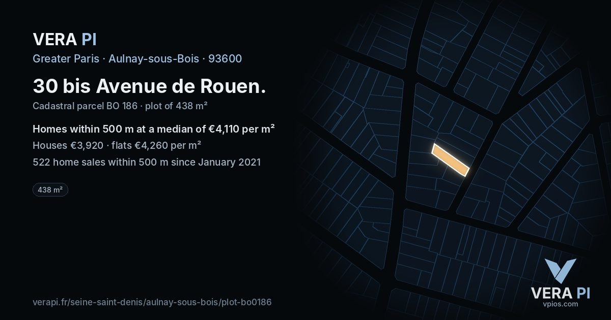 30 bis Avenue de Rouen, Aulnay-sous-Bois at night – the plot lit, the parcels around coloured by the prices near them