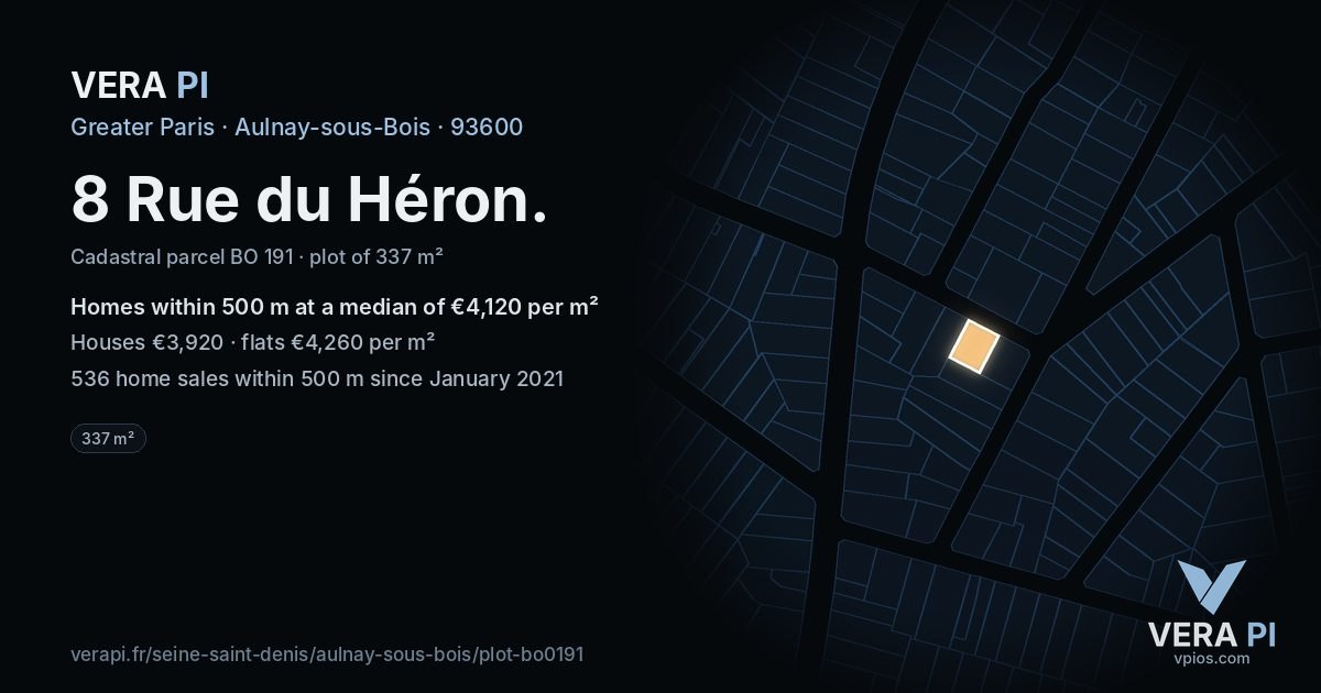 8 Rue du Héron, Aulnay-sous-Bois at night – the plot lit, the parcels around coloured by the prices near them