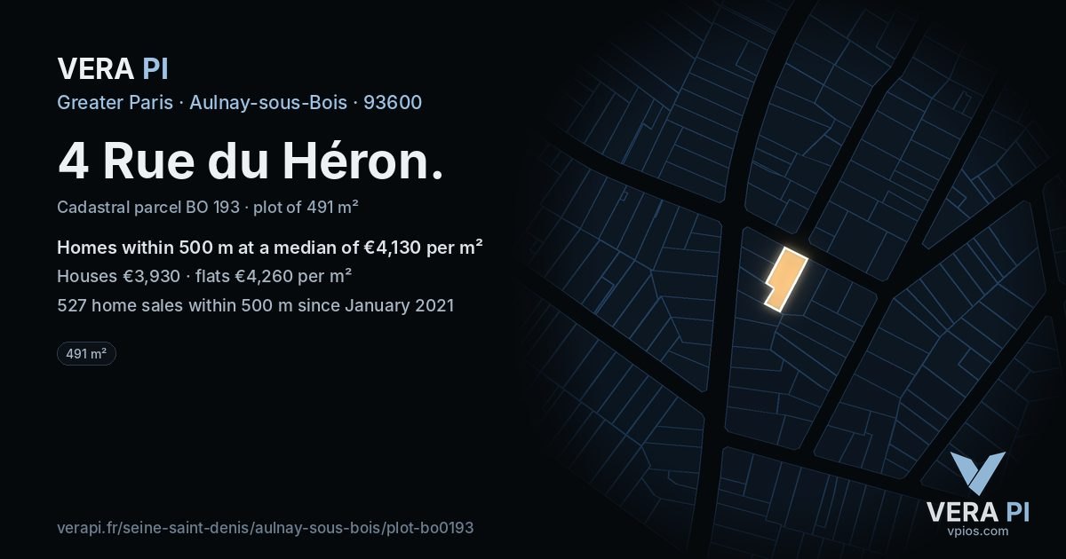 4 Rue du Héron, Aulnay-sous-Bois at night – the plot lit, the parcels around coloured by the prices near them