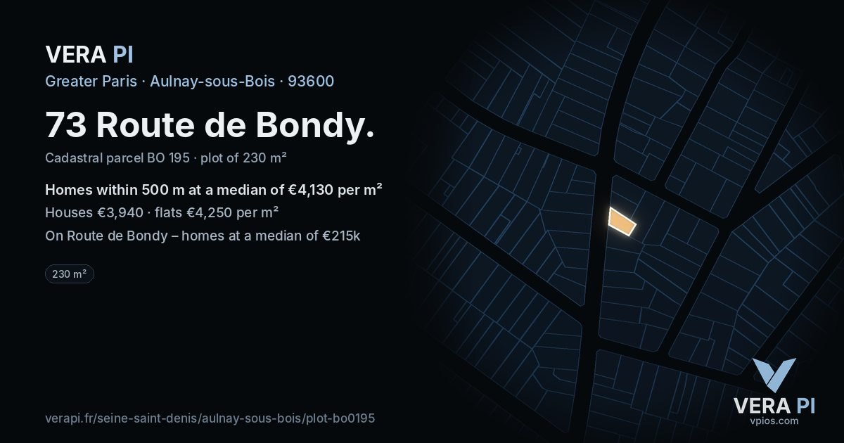 73 Route de Bondy, Aulnay-sous-Bois at night – the plot lit, the parcels around coloured by the prices near them