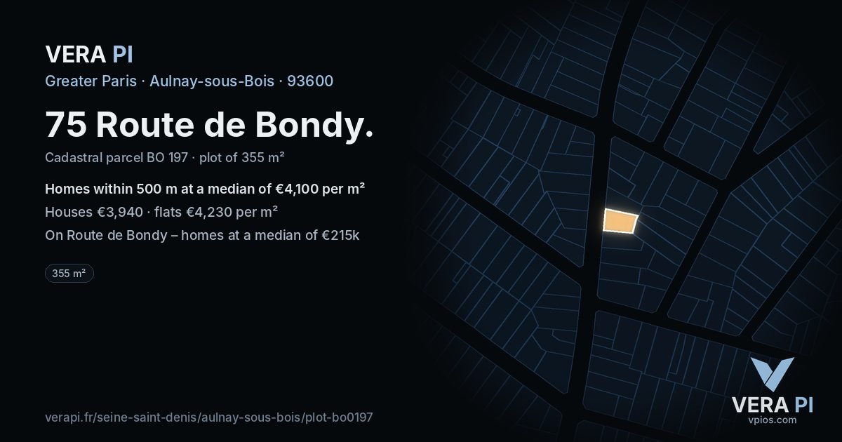 75 Route de Bondy, Aulnay-sous-Bois at night – the plot lit, the parcels around coloured by the prices near them