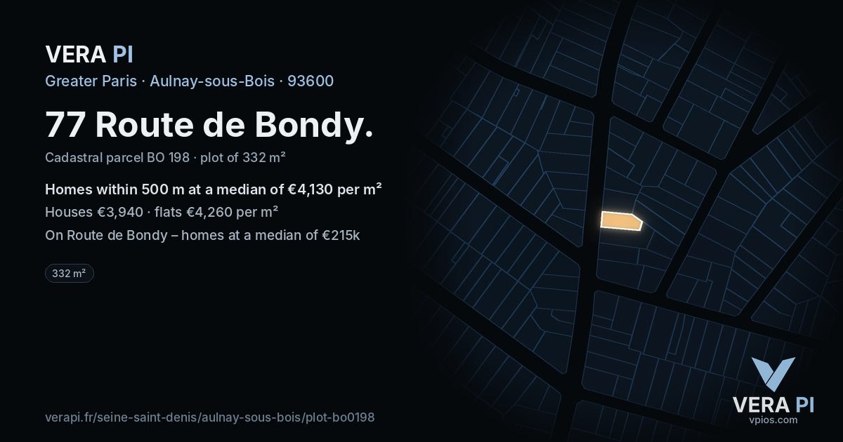 77 Route de Bondy, Aulnay-sous-Bois at night – the plot lit, the parcels around coloured by the prices near them