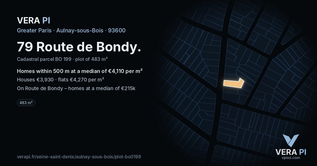 79 Route de Bondy, Aulnay-sous-Bois at night – the plot lit, the parcels around coloured by the prices near them