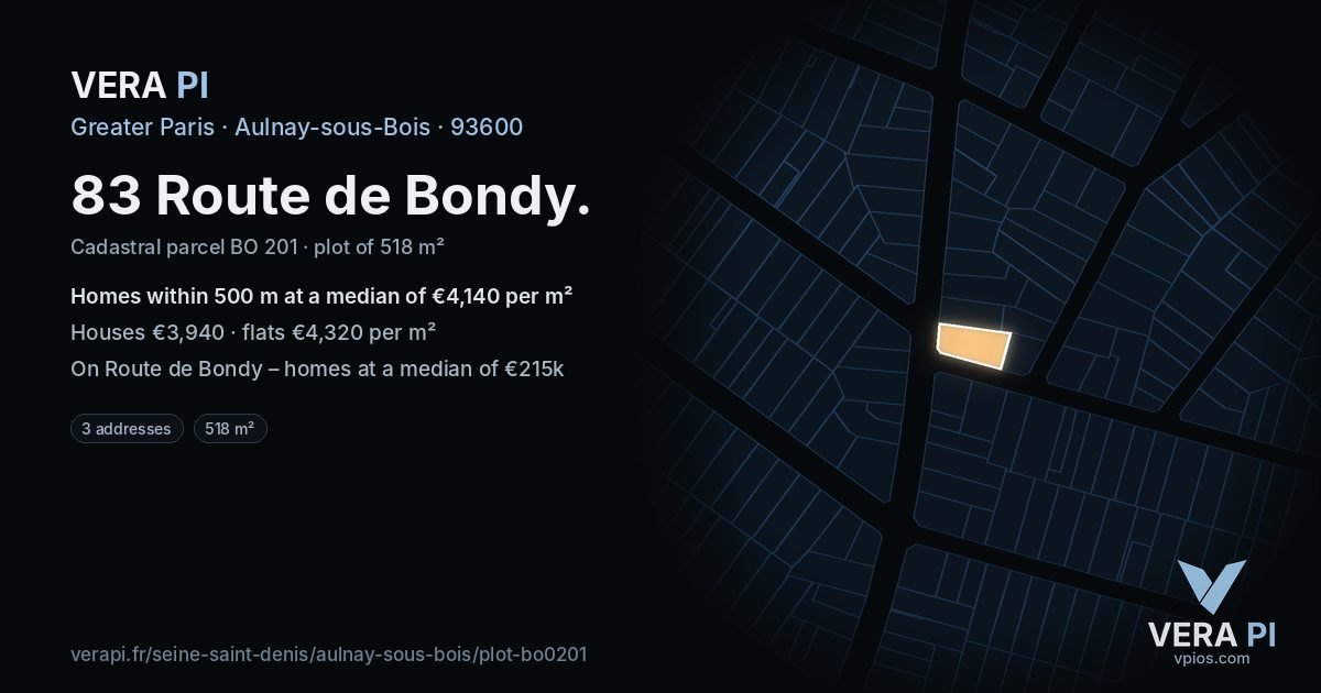 83 Route de Bondy, Aulnay-sous-Bois at night – the plot lit, the parcels around coloured by the prices near them