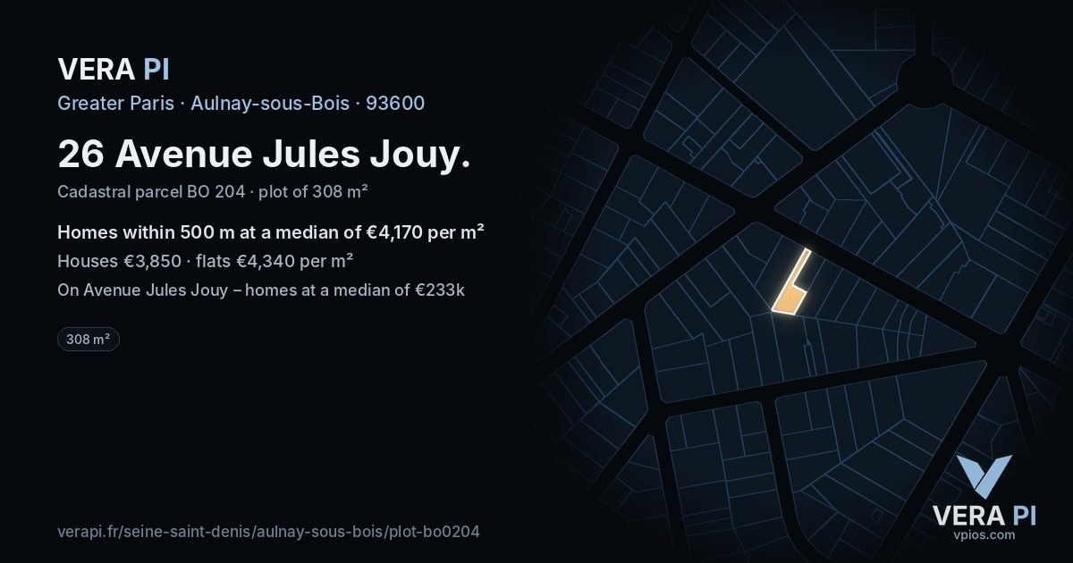 26 Avenue Jules Jouy, Aulnay-sous-Bois at night – the plot lit, the parcels around coloured by the prices near them