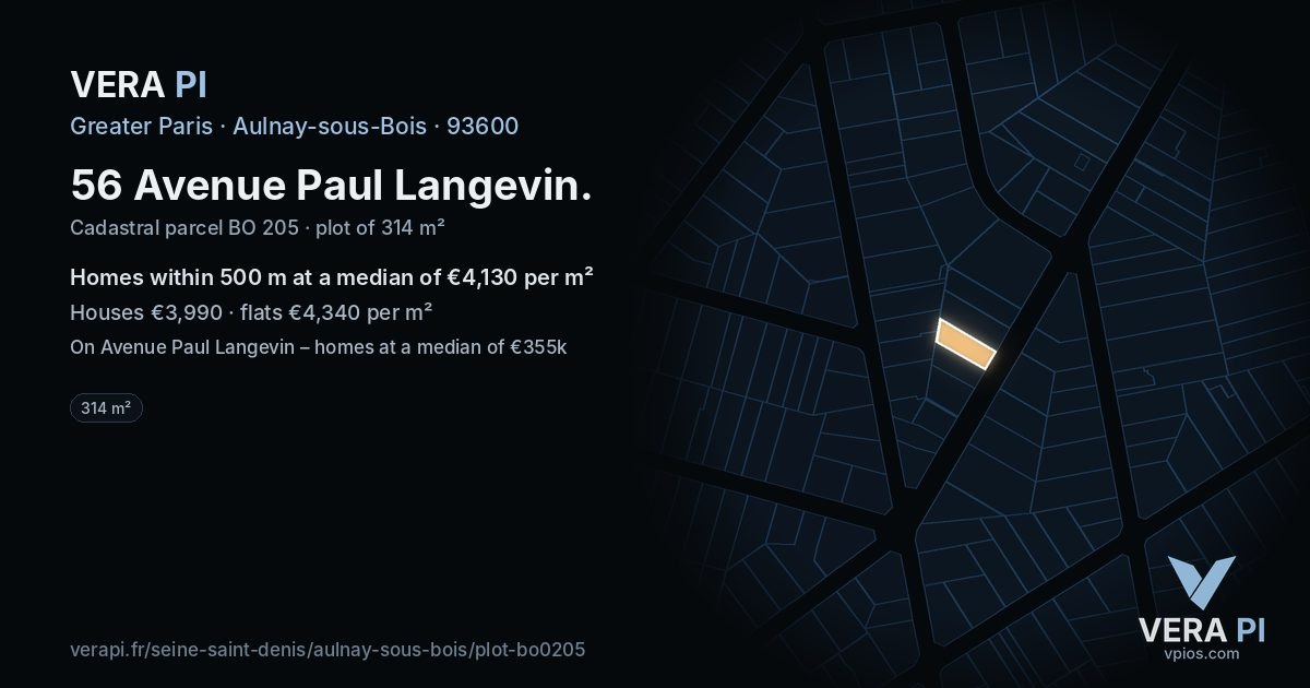 56 Avenue Paul Langevin, Aulnay-sous-Bois at night – the plot lit, the parcels around coloured by the prices near them
