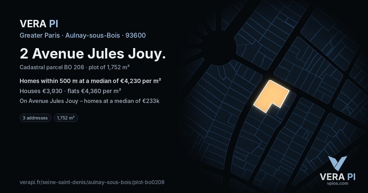 2 Avenue Jules Jouy, Aulnay-sous-Bois at night – the plot lit, the parcels around coloured by the prices near them