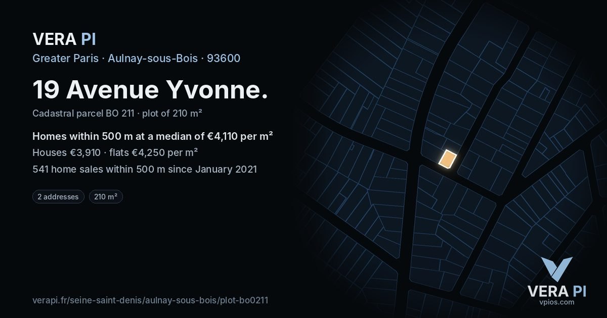 19 Avenue Yvonne, Aulnay-sous-Bois at night – the plot lit, the parcels around coloured by the prices near them