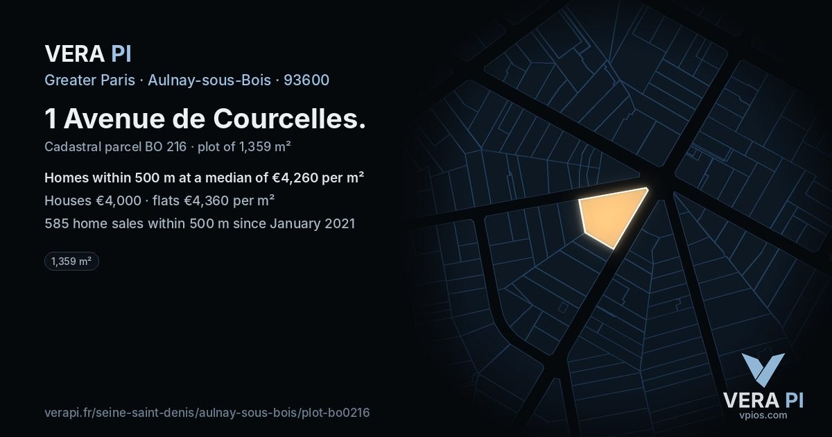 1 Avenue de Courcelles, Aulnay-sous-Bois at night – the plot lit, the parcels around coloured by the prices near them