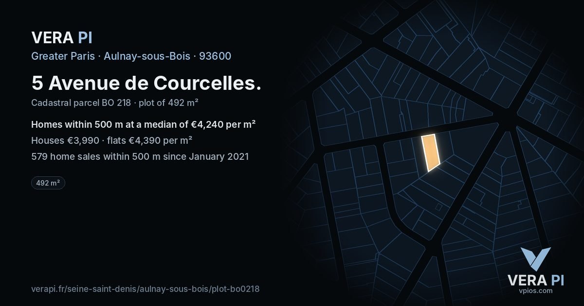 5 Avenue de Courcelles, Aulnay-sous-Bois at night – the plot lit, the parcels around coloured by the prices near them