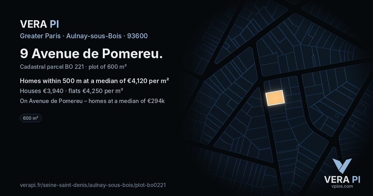 9 Avenue de Pomereu, Aulnay-sous-Bois at night – the plot lit, the parcels around coloured by the prices near them