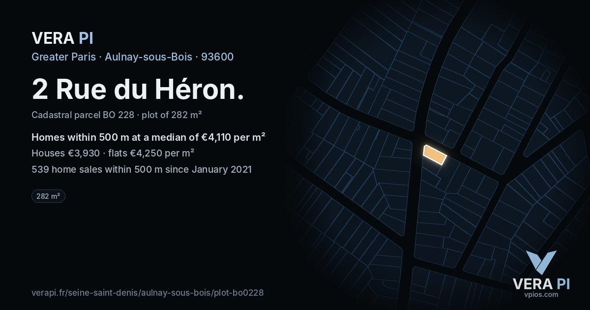 2 Rue du Héron, Aulnay-sous-Bois at night – the plot lit, the parcels around coloured by the prices near them