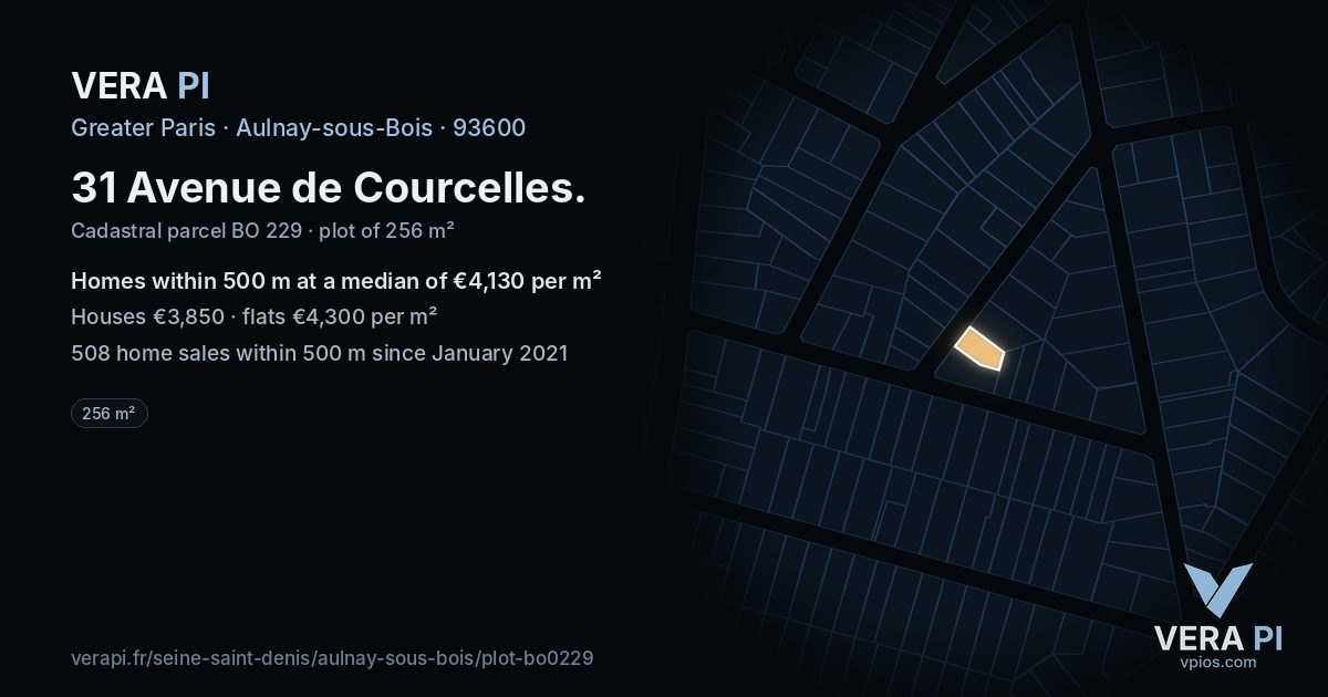 31 Avenue de Courcelles, Aulnay-sous-Bois at night – the plot lit, the parcels around coloured by the prices near them