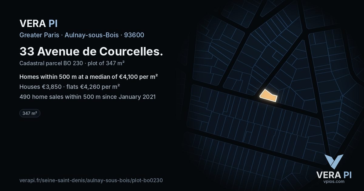 33 Avenue de Courcelles, Aulnay-sous-Bois at night – the plot lit, the parcels around coloured by the prices near them