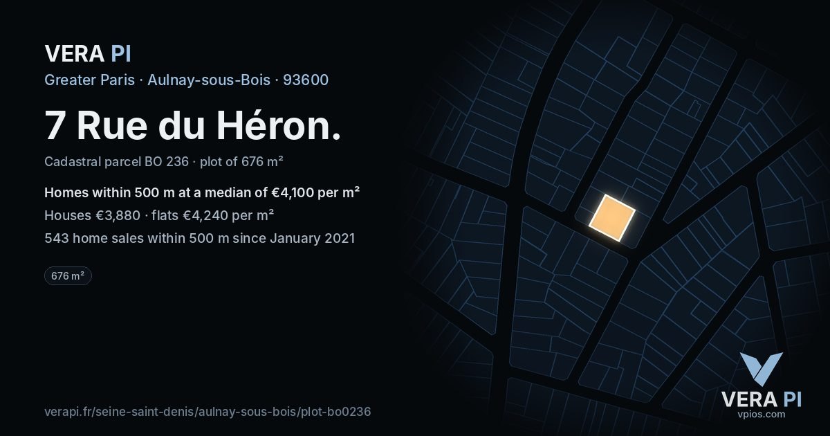 7 Rue du Héron, Aulnay-sous-Bois at night – the plot lit, the parcels around coloured by the prices near them