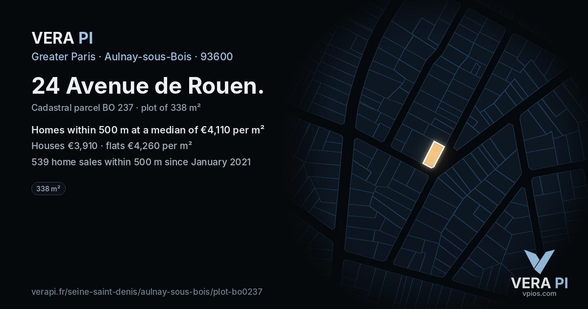 24 Avenue de Rouen, Aulnay-sous-Bois at night – the plot lit, the parcels around coloured by the prices near them