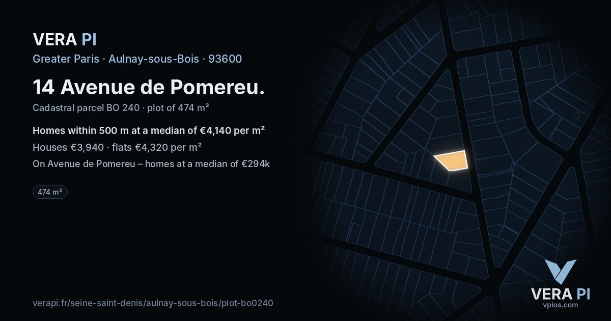 14 Avenue de Pomereu, Aulnay-sous-Bois at night – the plot lit, the parcels around coloured by the prices near them