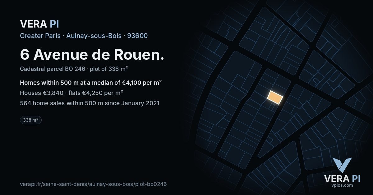 6 Avenue de Rouen, Aulnay-sous-Bois at night – the plot lit, the parcels around coloured by the prices near them