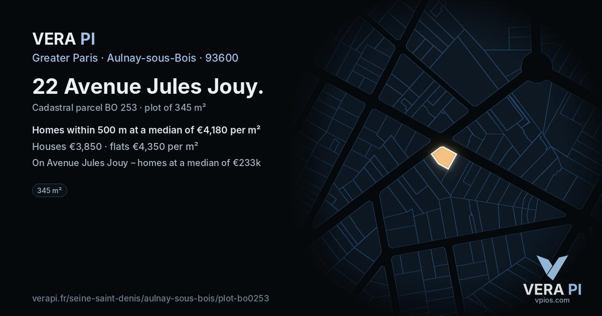 22 Avenue Jules Jouy, Aulnay-sous-Bois at night – the plot lit, the parcels around coloured by the prices near them
