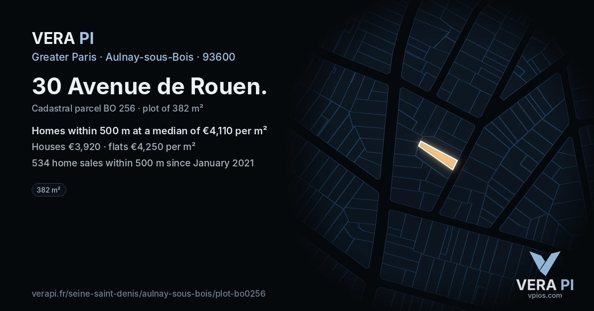 30 Avenue de Rouen, Aulnay-sous-Bois at night – the plot lit, the parcels around coloured by the prices near them