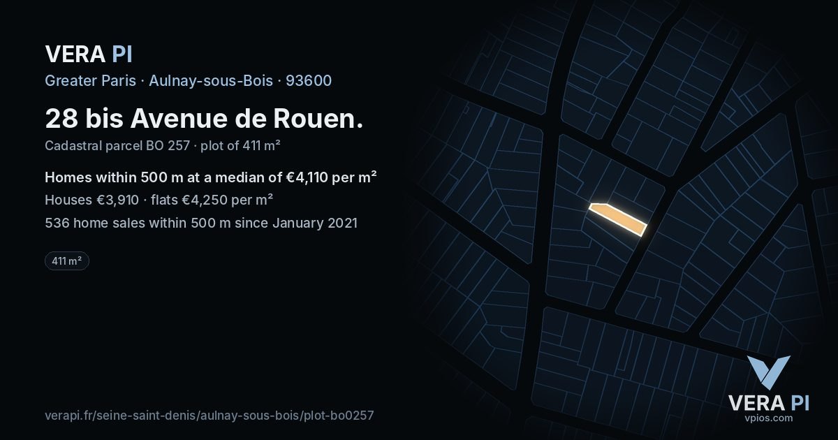 28 bis Avenue de Rouen, Aulnay-sous-Bois at night – the plot lit, the parcels around coloured by the prices near them