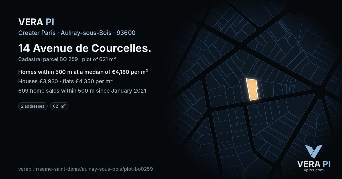 14 Avenue de Courcelles, Aulnay-sous-Bois at night – the plot lit, the parcels around coloured by the prices near them