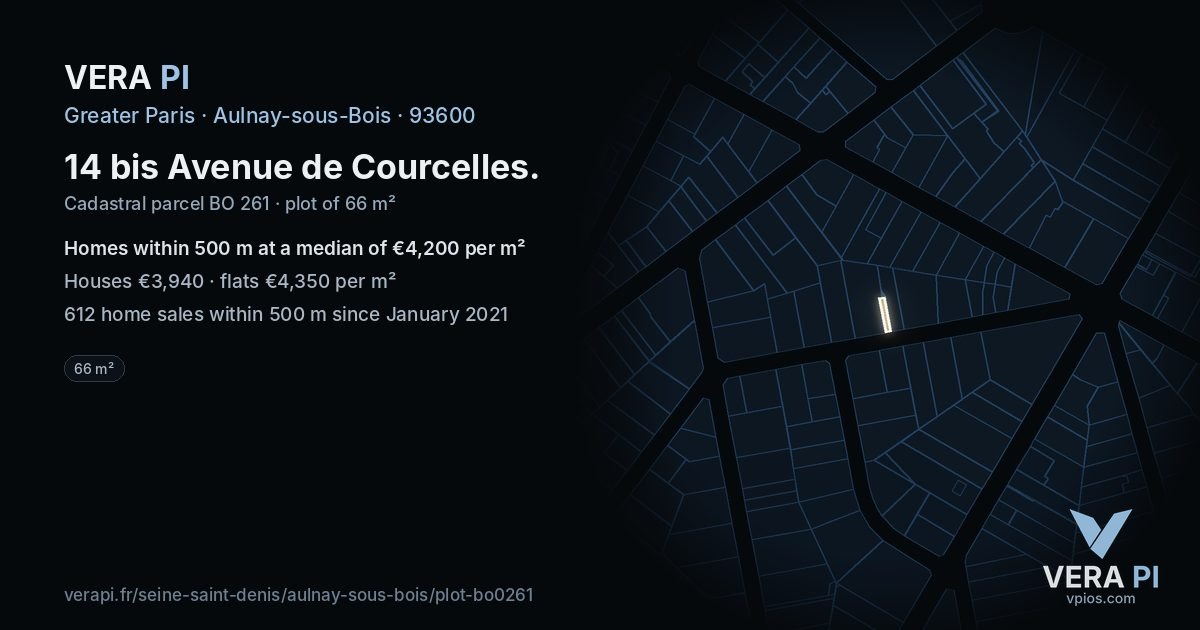 14 bis Avenue de Courcelles, Aulnay-sous-Bois at night – the plot lit, the parcels around coloured by the prices near them