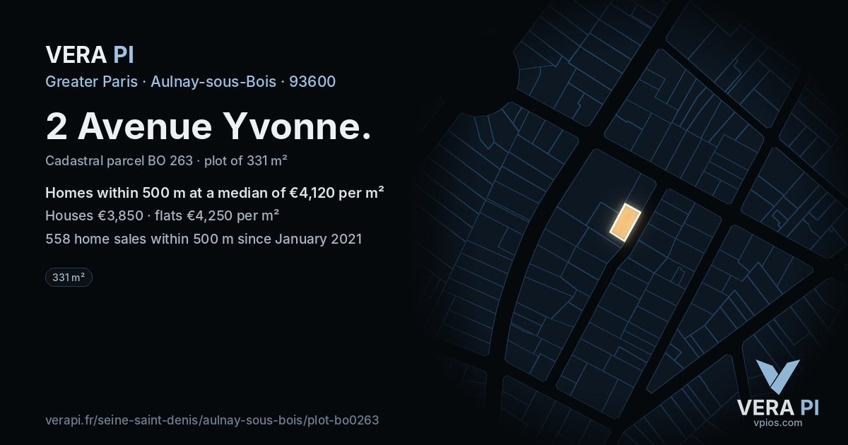 2 Avenue Yvonne, Aulnay-sous-Bois at night – the plot lit, the parcels around coloured by the prices near them