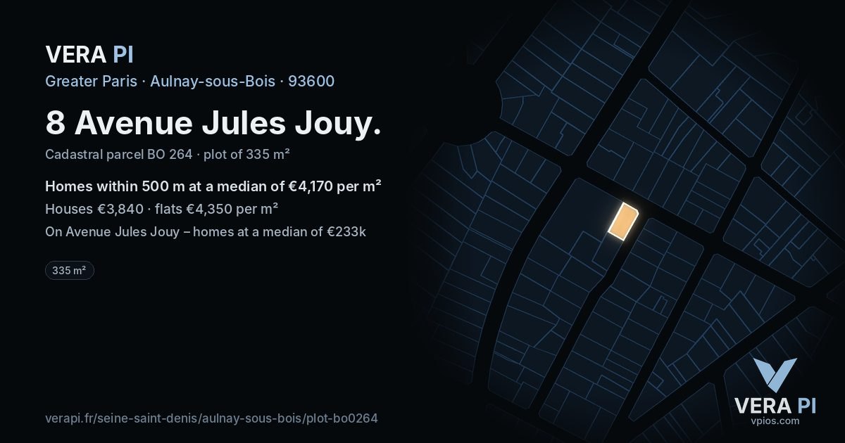 8 Avenue Jules Jouy, Aulnay-sous-Bois at night – the plot lit, the parcels around coloured by the prices near them