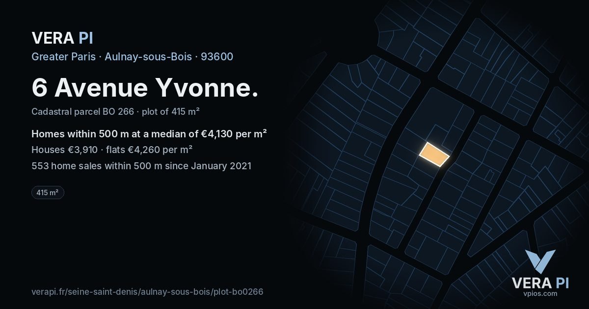 6 Avenue Yvonne, Aulnay-sous-Bois at night – the plot lit, the parcels around coloured by the prices near them