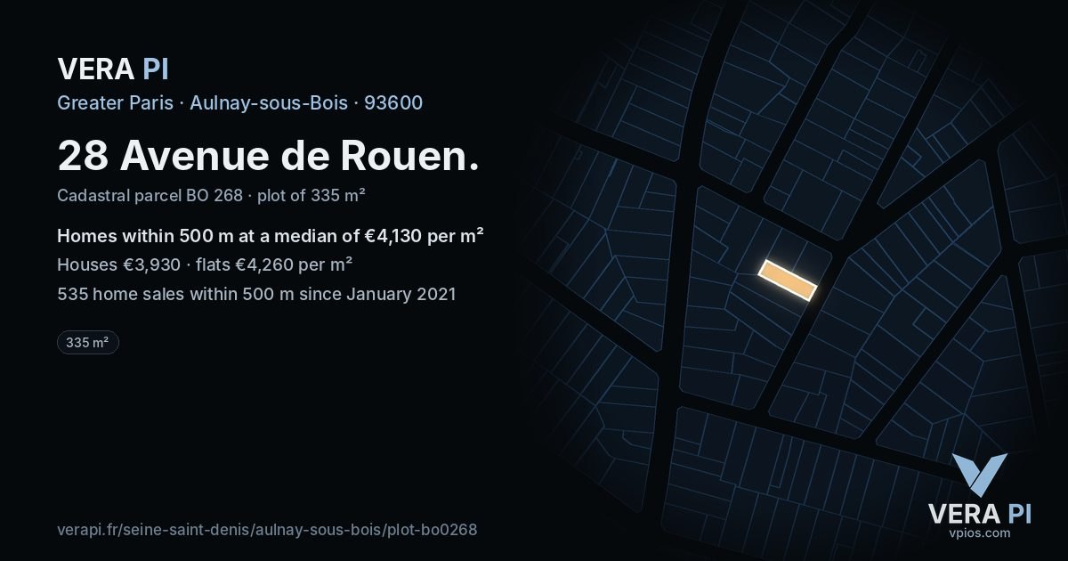 28 Avenue de Rouen, Aulnay-sous-Bois at night – the plot lit, the parcels around coloured by the prices near them