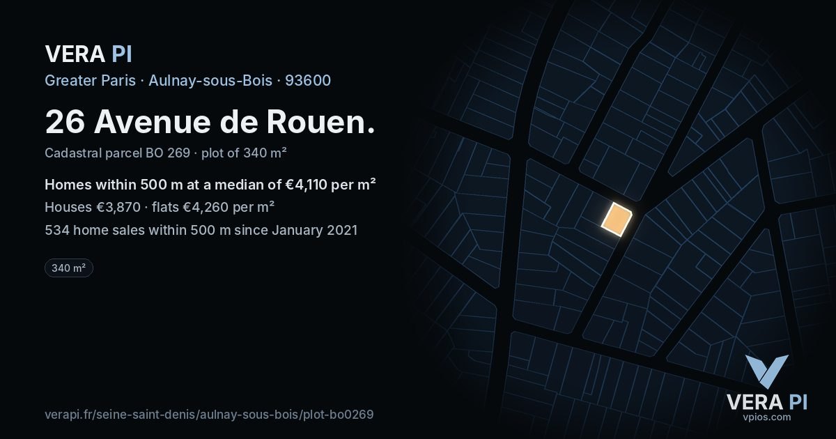 26 Avenue de Rouen, Aulnay-sous-Bois at night – the plot lit, the parcels around coloured by the prices near them
