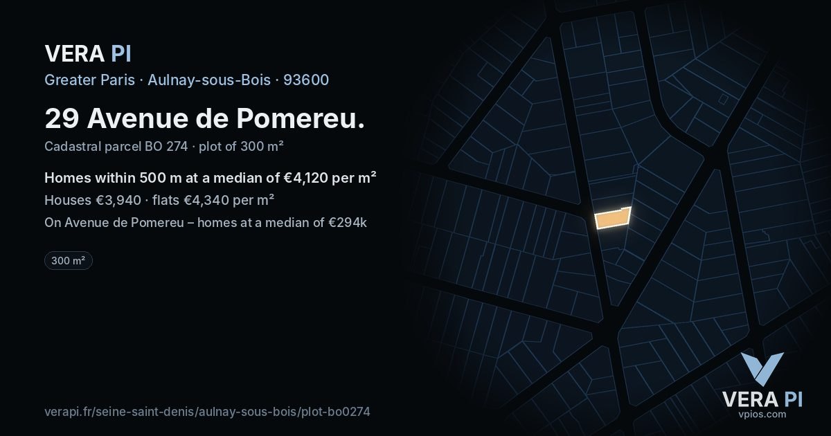 29 Avenue de Pomereu, Aulnay-sous-Bois at night – the plot lit, the parcels around coloured by the prices near them