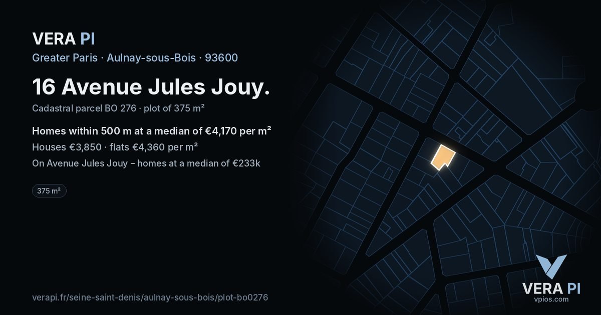 16 Avenue Jules Jouy, Aulnay-sous-Bois at night – the plot lit, the parcels around coloured by the prices near them