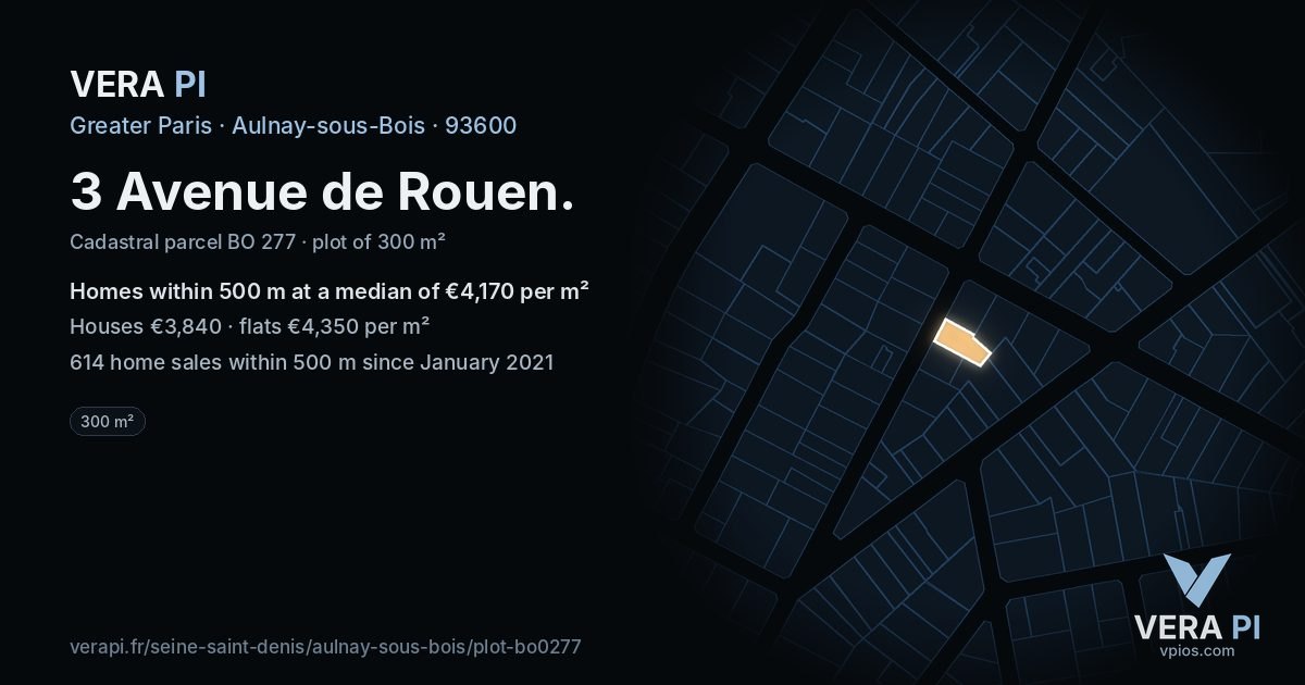 3 Avenue de Rouen, Aulnay-sous-Bois at night – the plot lit, the parcels around coloured by the prices near them