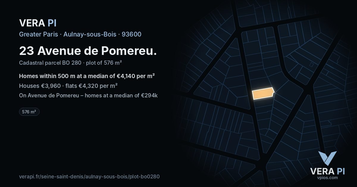 23 Avenue de Pomereu, Aulnay-sous-Bois at night – the plot lit, the parcels around coloured by the prices near them
