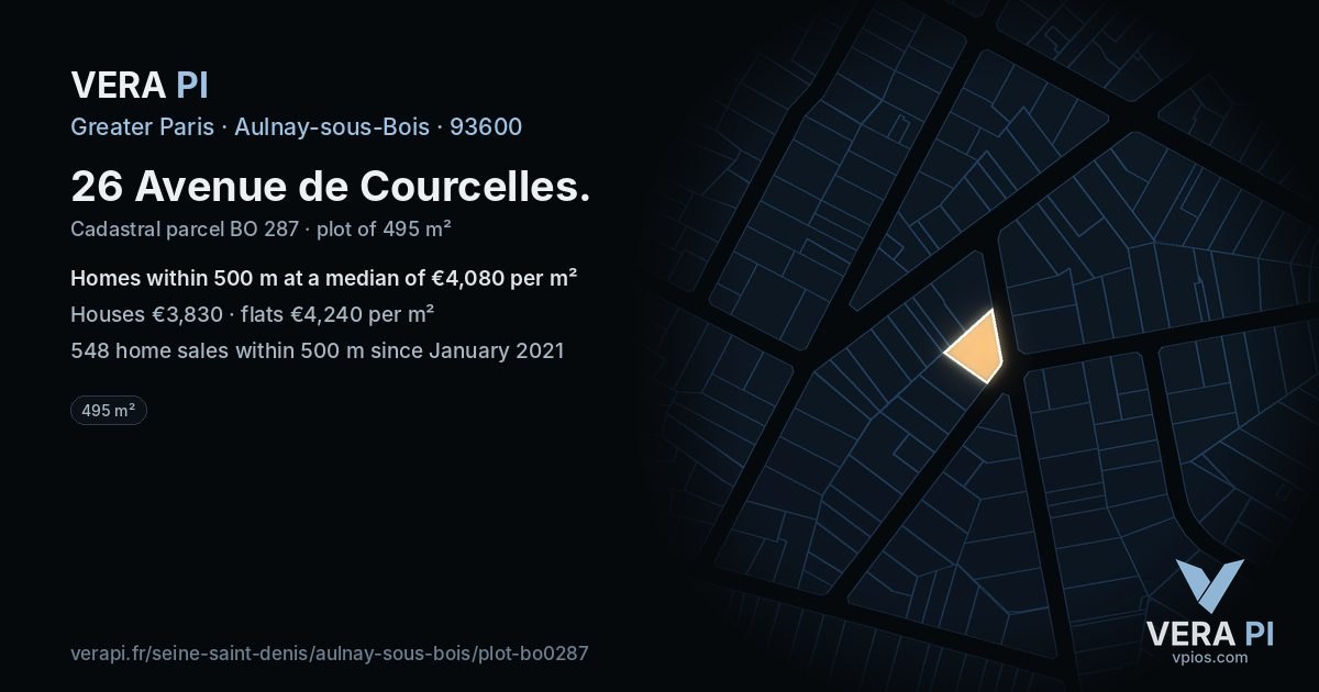 26 Avenue de Courcelles, Aulnay-sous-Bois at night – the plot lit, the parcels around coloured by the prices near them
