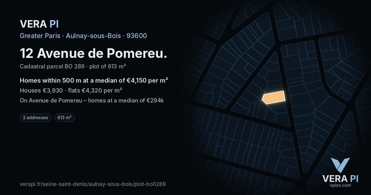 12 Avenue de Pomereu, Aulnay-sous-Bois at night – the plot lit, the parcels around coloured by the prices near them